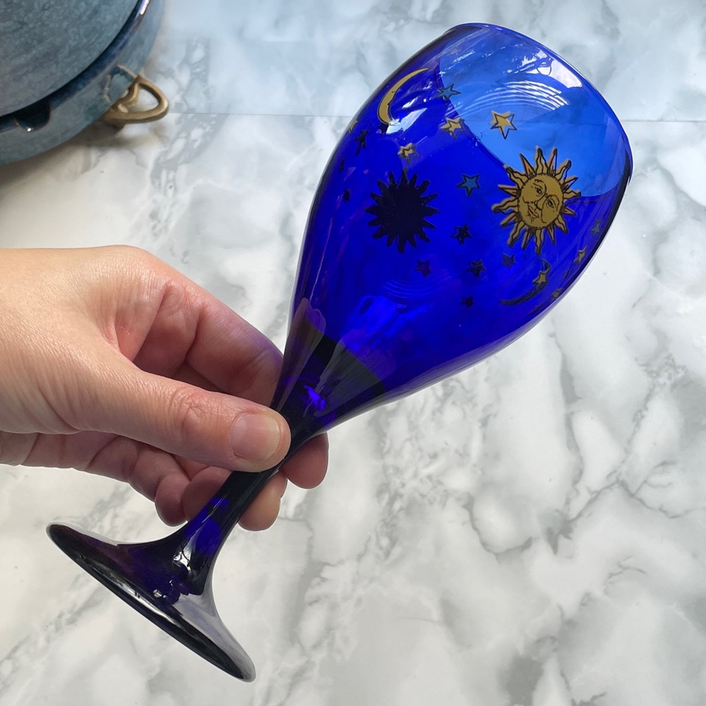 Vintage Libby Celestial Cobalt Blue 90s - Sun Moon Star Design - glass